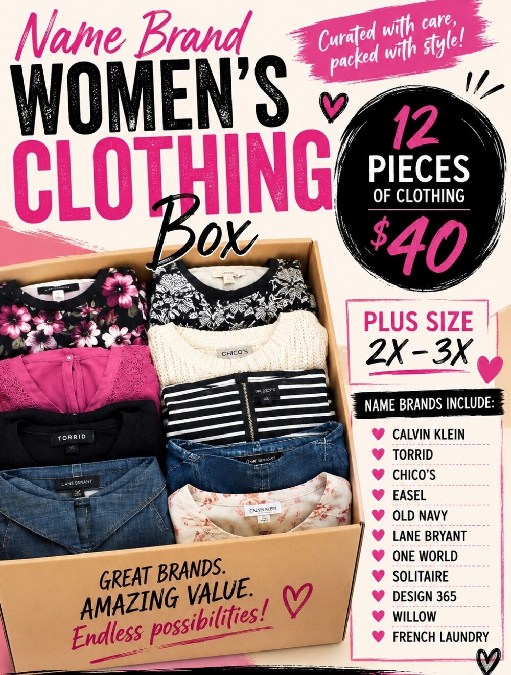 Name Brand Women's Clothing Box - Assorted Plus Size 12 Pieces (2X-3X)